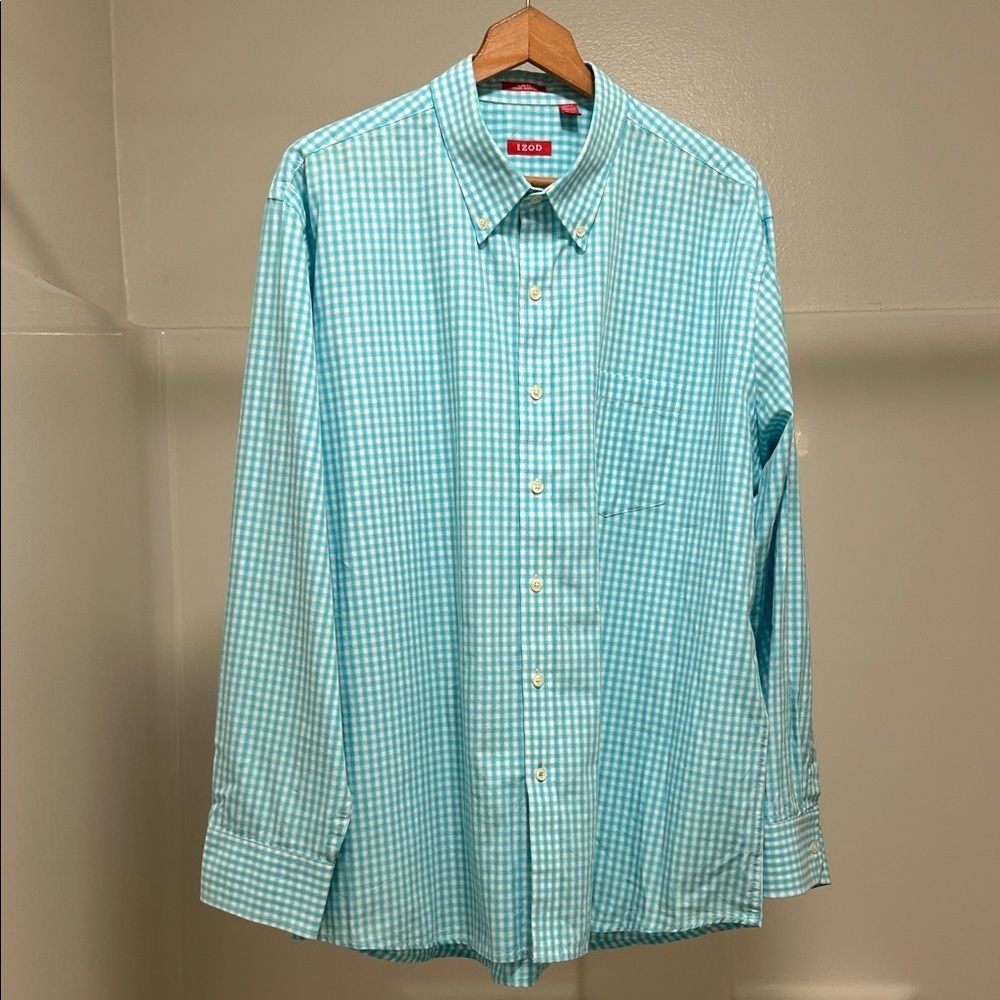 IZOD Men's Aqua Checkered Long Sleeve Button Down Slim Fit Shirt Size XL